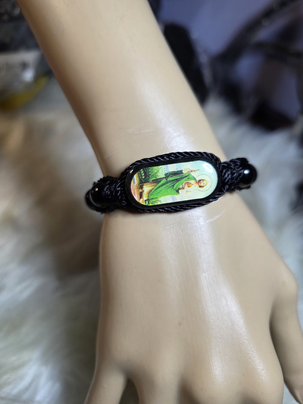 Black Cord Religious Bracelet with Green Saint Image